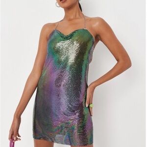 Carli Bybel x Missguided Purple Ombre Chainmail Halterneck Cowl Neck Mini Dress